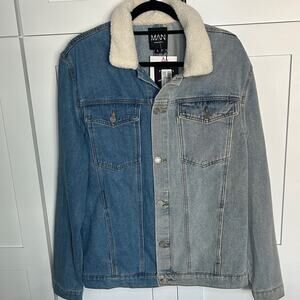 BoohooMAN Two Tone Denim Jacket Faux Sherpa Collar Men’s Large NWT